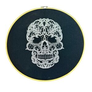 Goth Sugar Skull Lace Embroidery Hoop Wall Art Black White 12" Decor Dark Romanc